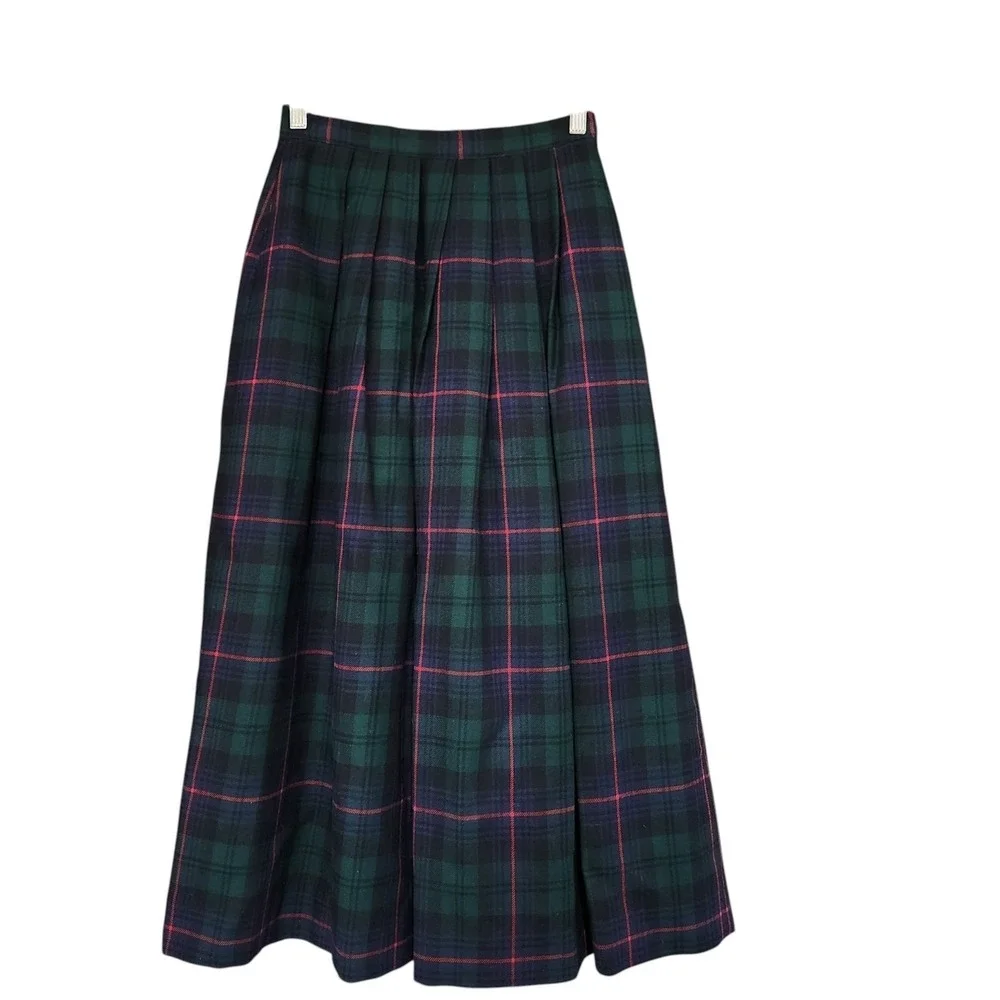 Vintage Wool Green Blue Tartan Plaid Pleated Midi Skirt Waist 25